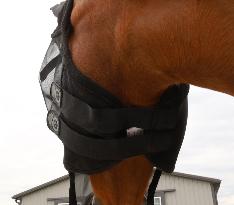 Bottom view of Black BasEQ Fly Mask with Nose One Stop Equine Shop Pony