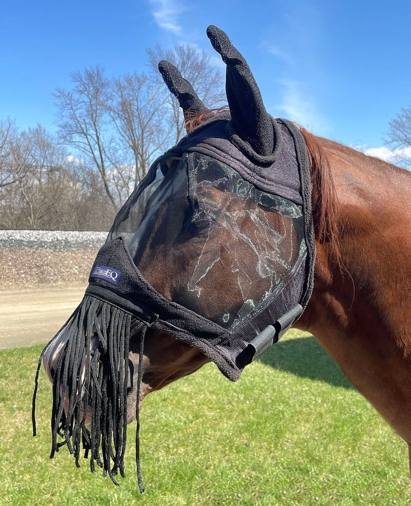 Side view of Black BasEQ Fly Mask with Fringe One Stop Equine Shop Pony