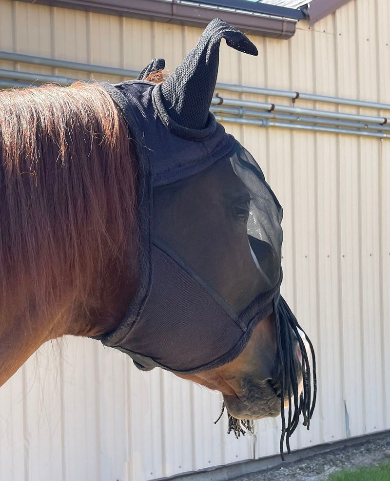 Back view of Black BasEQ Fly Mask with Fringe One Stop Equine Shop Pony