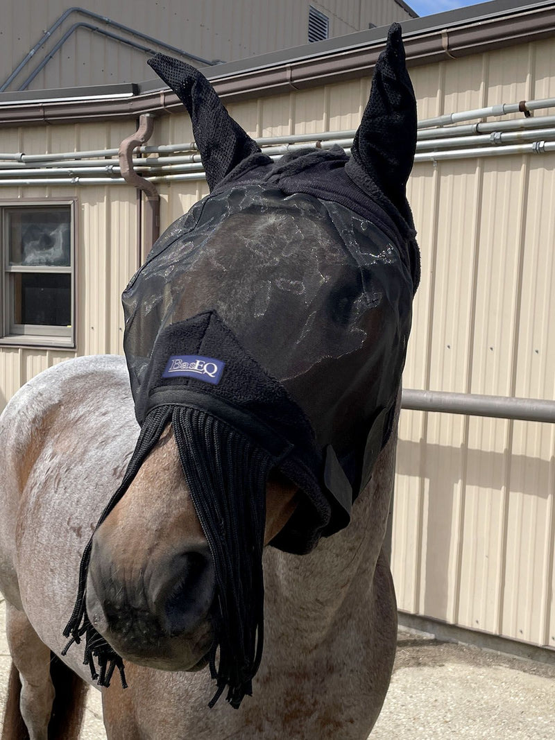 Front view of Black BasEQ Fly Mask with Fringe One Stop Equine Shop Pony