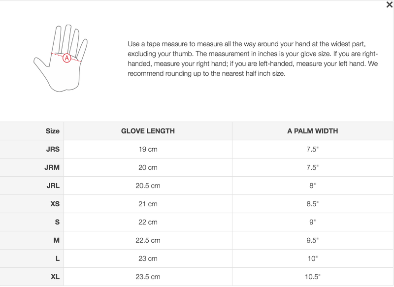 Size chart Horze Multi-Stretch Riding Gloves Gloves