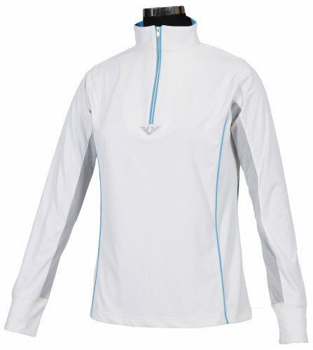White/Neon Blue Tuffrider Neon Mock Zip Women's Sport Shirt Long Sleeve Shirt 3X-Large
