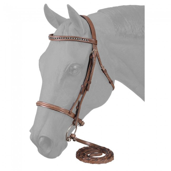 Raised Snaffle English Bridle With Silver Link & Blue Stone Crystals English Bridles JT International Brown 