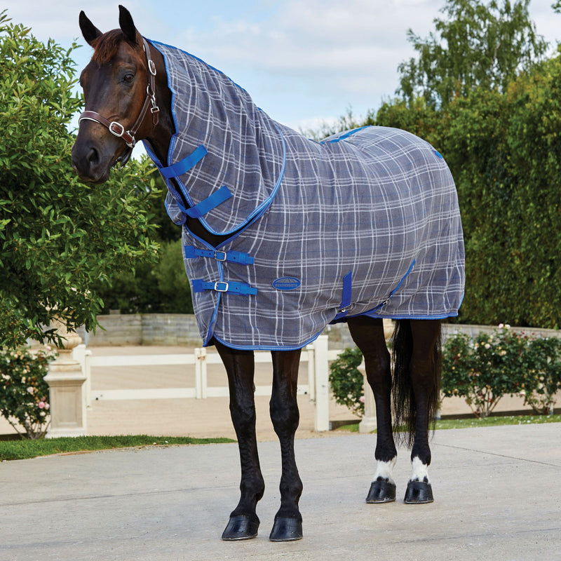 Horse Wearing Grey/Plaid Weatherbeeta Fleece Cooler Combo Neck Sheet Turnout Blankets