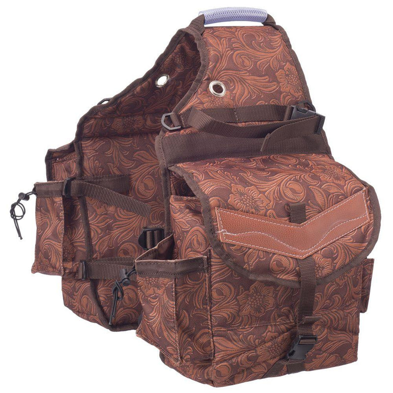Tough 1 Multi-Pocket Insulated Nylon Saddle Bag - Tooled Leather Print Saddle Bags JT International 