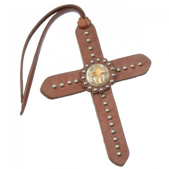 Tie On Leather Cross With Silver Dots & Gold Cross Concho Decor JT International 