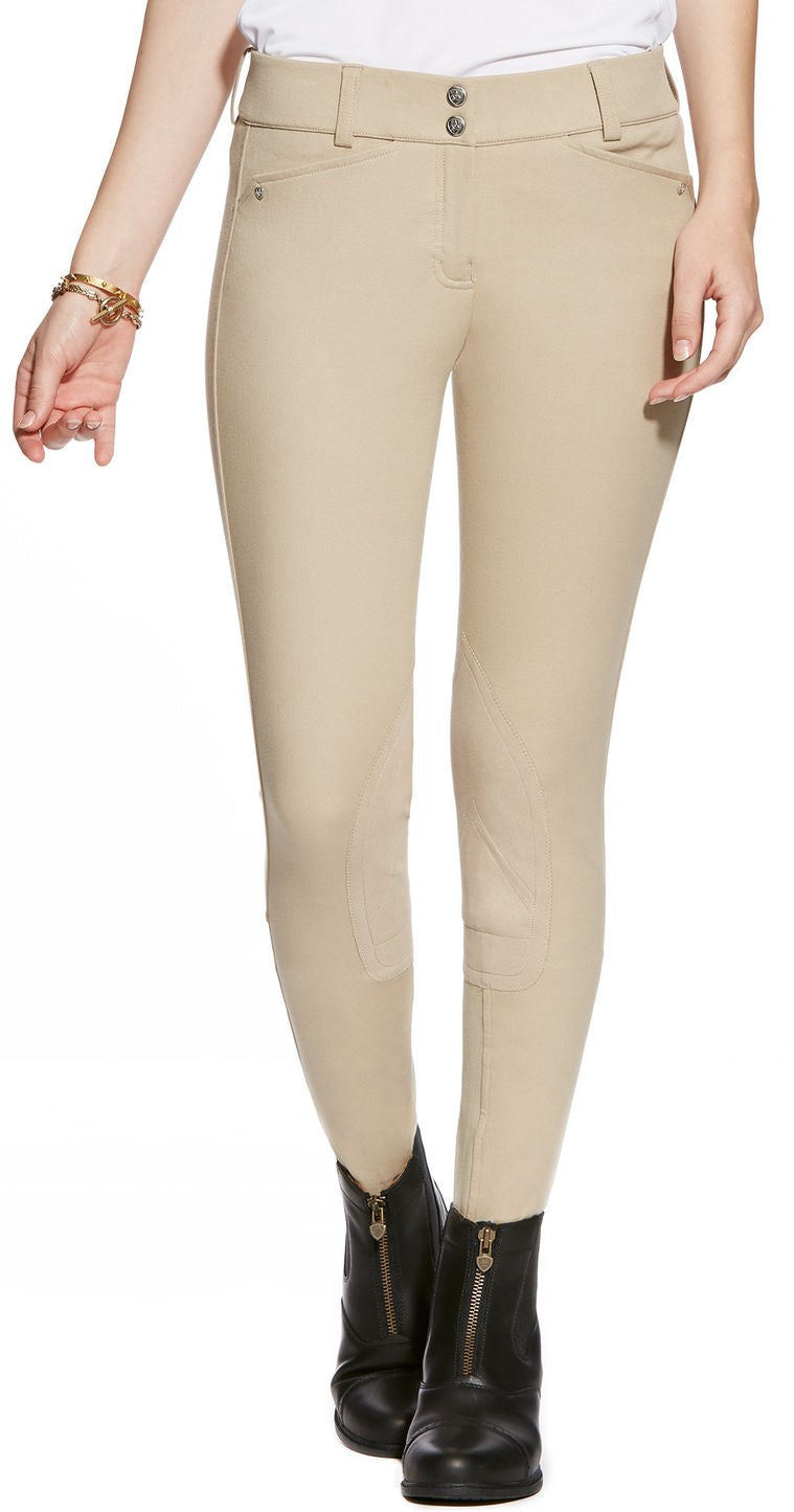 Profile view of Beige Ariat Heritage Women's Low Full Zip Breeches Knee Patch Breeches