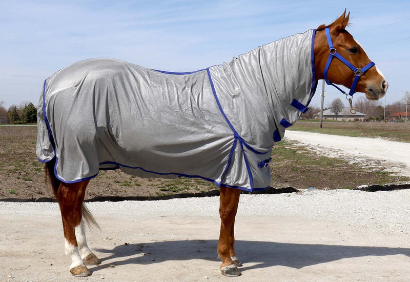Side View of Dark Grey/BasEQ Blue BasEQ Plus Detachable Neck Fly Sheet One Stop Equine Shop 63"
