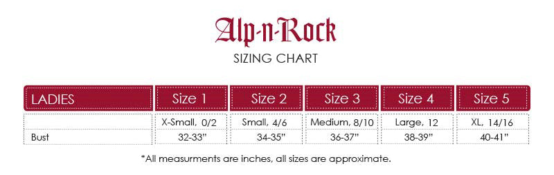 Size chart of Alp n Rock Jumper Ladies Navy Henley Short Sleeve English Show Shirts