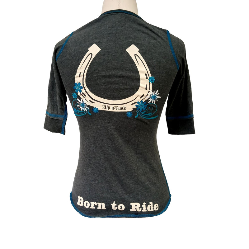 Back side of Alp n Rock Ladies Born To Ride Henley Short Sleeve English Show Shirts Charcoal 1