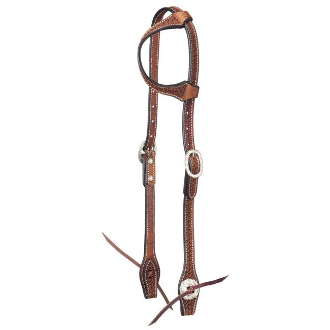 Medium Oil Tough 1 Leather Single Ear Headstall - Basket Stamp With Silver Hardware