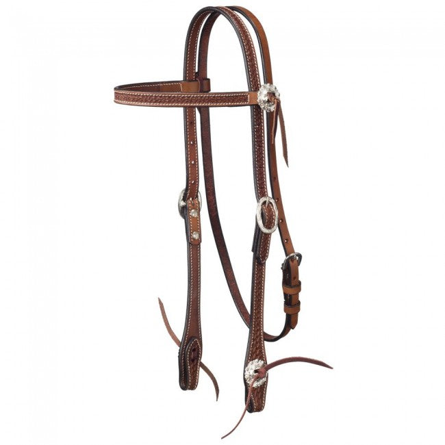 Tough 1 Leather Straight Brow Headstall - Basket Stamp With Silver Hardware Headstalls Tough 1 Medium Oil 