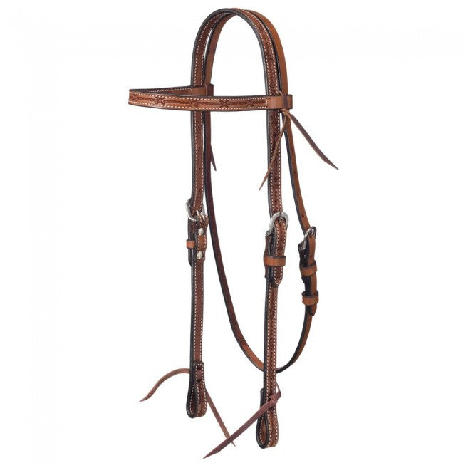 Medium Oil Tough 1 Leather Straight Brow Headstall with Barbed Wire Detail