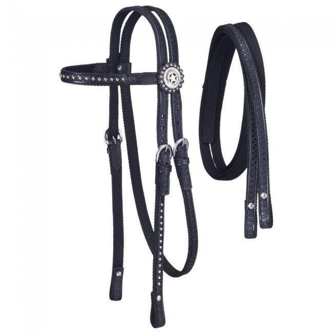 Tough 1 Nylon Headstall with Leather Overlay and Silver Dots with Reins Headstalls Tough 1 Black 