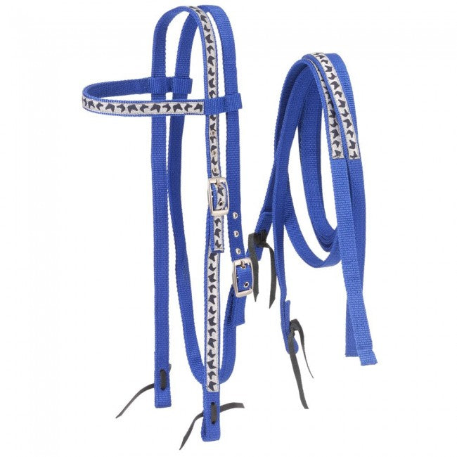 Royal Blue Tough 1 Nylon Browband Headstalls and Reins with Printed Overlay Headstalls