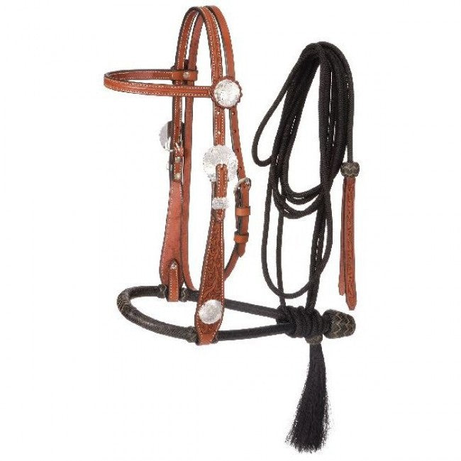 Tough 1 Premium Leather Floral Browband Headstall with 5/8" Two Tone Bosal and Cord Mecate Headstalls Tough 1 Medium Oil/Black 
