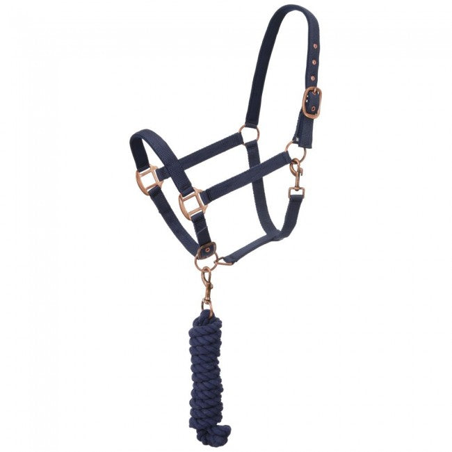 Blue/Navy Tough 1 Neoprene Padded Halter with Antique Hardware Lead Set Rope Halters
