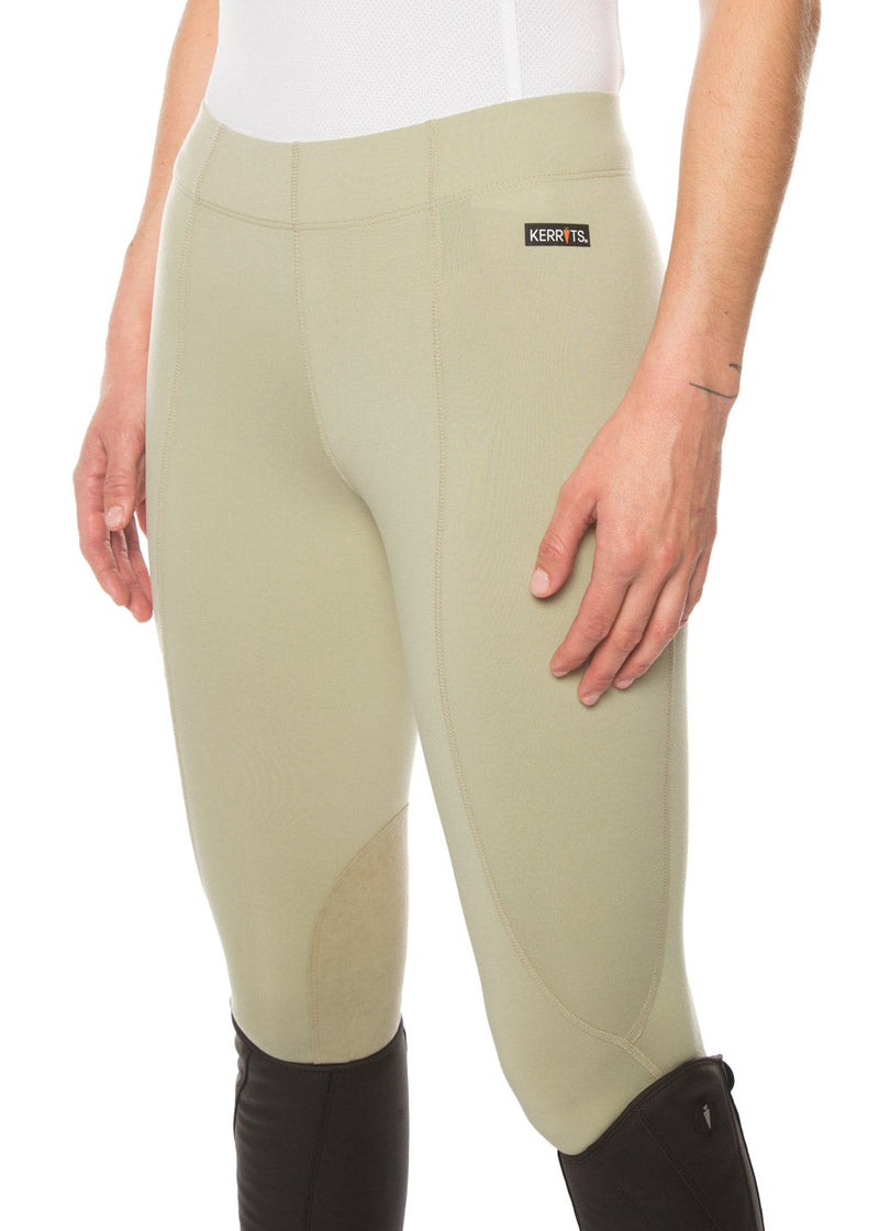 Front side of tan Kerrits Flow Rise Women's Knee Patch Performance Tights