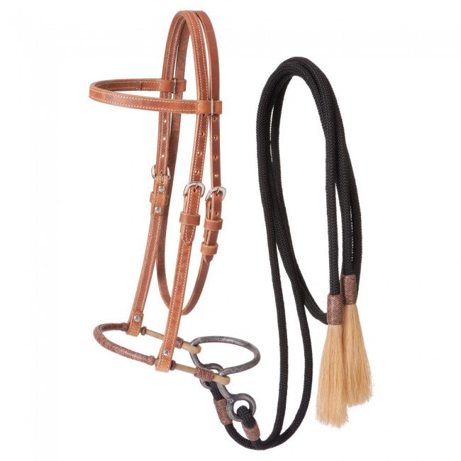 Tough 1 Harness Leather Headstall with Training Bosal and Cord Split Reins Headstalls