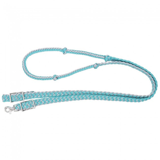 Turquoise/Silver Tough 1 Metallic Cord Knotted Roping Reins English Reins