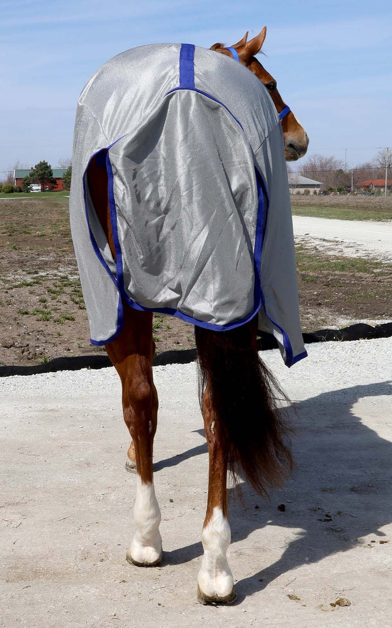 Tail flap of Dark Grey/BasEQ Blue BasEQ Plus Detachable Neck Fly Sheet One Stop Equine Shop 63"