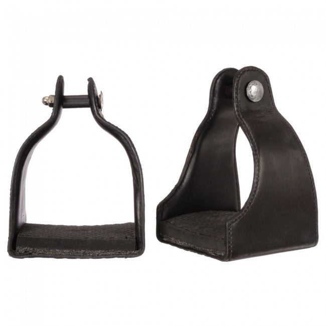 Black Tough 1 1" Leather Covered Padded Endurance Stirrups with 4 1/2" Tread