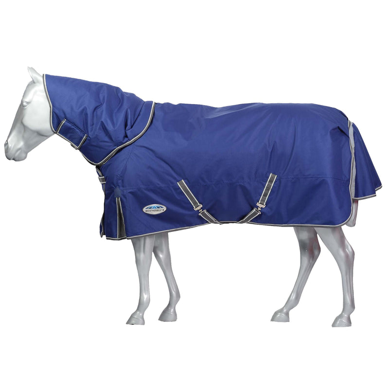 Dummy Horse Wearing Dark Blue/Grey/White Weatherbeeta Comfitec Premier Free II Detach-A-Neck Medium Turnout Blankets