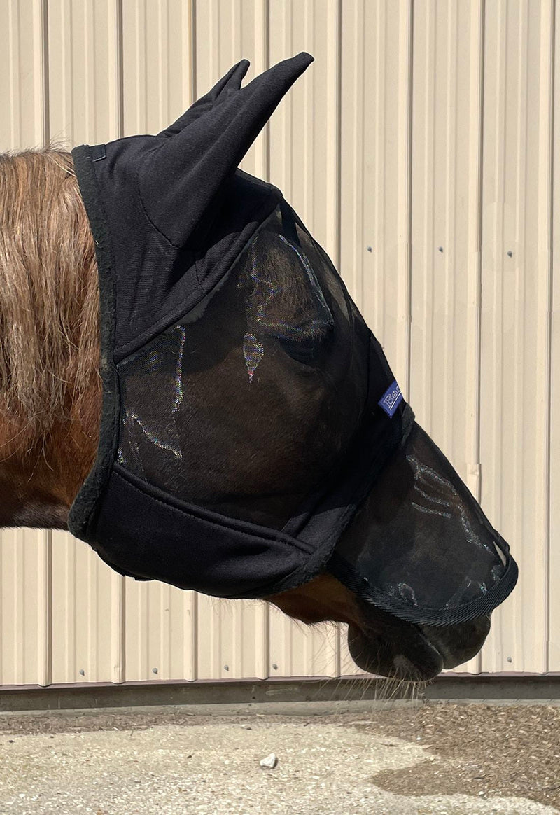 side view of Black BasEQ Fly Mask with Nose One Stop Equine Shop Pony