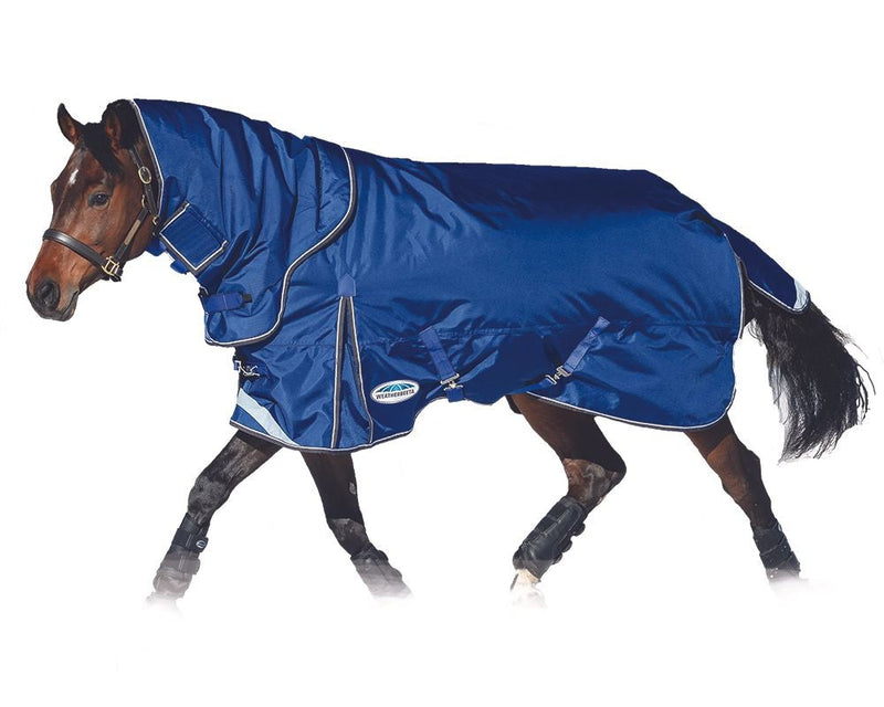 Horse with white background wearing Blue/Charcoal/White Weatherbeeta Comfitec Ultra Tough II Detach-A-Neck Medium Turnout Blankets