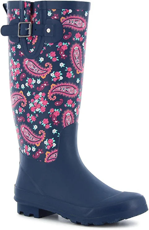 Western Chief Classic Tall Pleasant Paisley Rain Boot, Navy 9 & 11 Boots Western Chief 9 