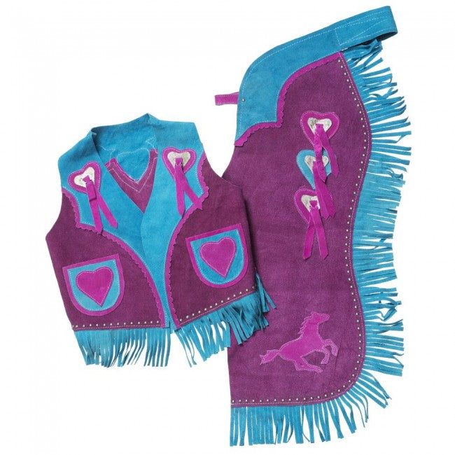 Tough 1 Premium Youth Chap and Vest Set with Running Horse and Heart Design Western Chaps Tough 1 Purple Large 