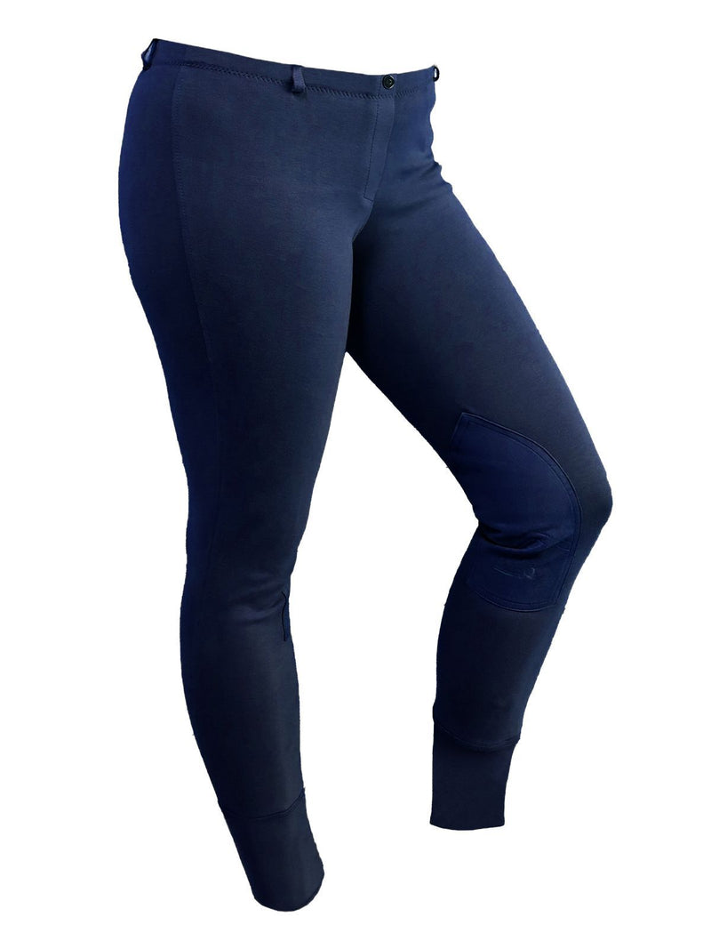 BasEQ Michelle Women's Horse Riding Pull On Suede Low Rise Knee Patch Breeches Knee Patch Breeches One Stop Equine Shop Navy 24 