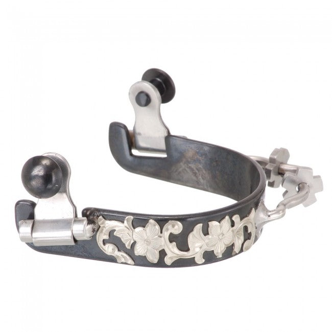 Kelly Silver Star Black Steel Ladies Bumper Spurs with Engraved Floral Silver Overlay Western Spurs And Straps JT International Black 