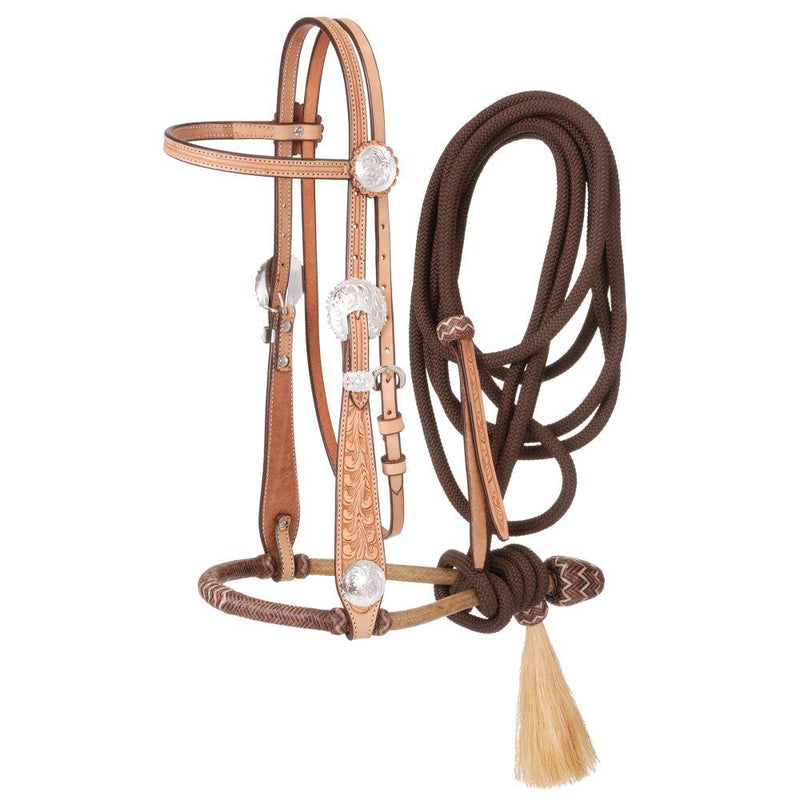 Tough 1 Premium Leather Floral Browband Headstall with 5/8 in. Two-Tone Bosal and Cord Mecate Headstalls JT International 