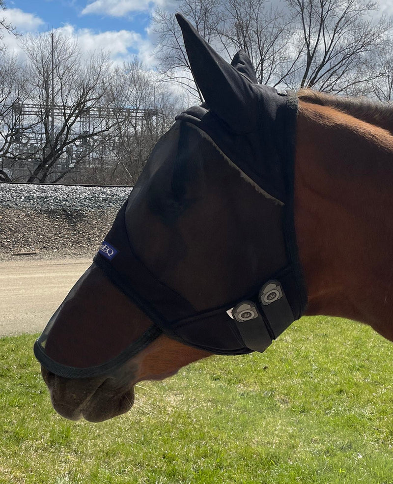 Double velcro strap in Black BasEQ Fly Mask with Nose One Stop Equine Shop Pony