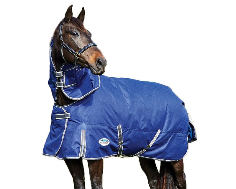 Black Horse on White Background wearing Dark Blue/Grey/White Weatherbeeta Comfitec Premier Free II Detach-A-Neck Medium Turnout Blankets