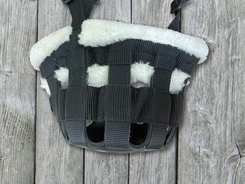 Front view of Black BasEQ Classic Fleece Lined Muzzle Grazing Muzzles One Stop Equine Shop Pony