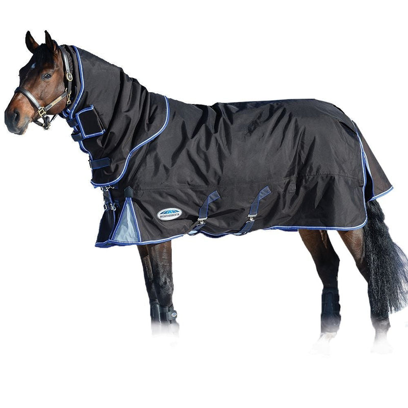 Horse with white background wearing Charcoal/Blue/White Weatherbeeta Comfitec Ultra Cozi II Detach-A-Neck Heavy Turnout Blankets