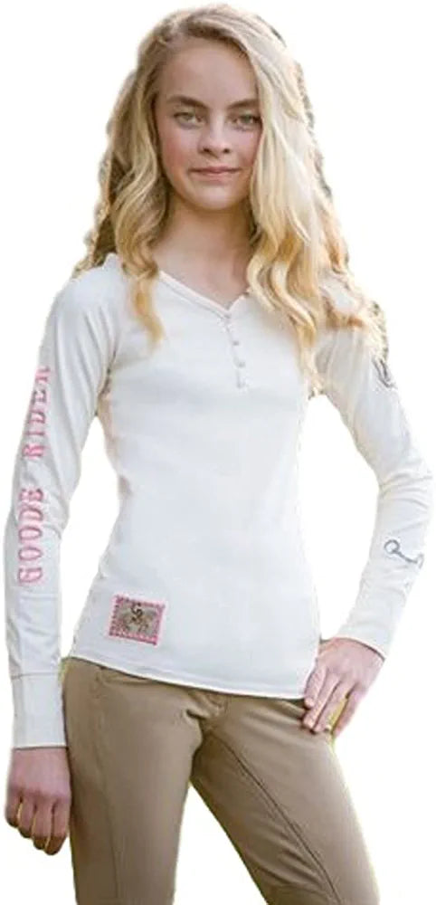 Goode Rider Girls V-Neck Henley Black (Size 6)) White (Size 6) Long Sleeve Shirt Goode Rider White 6 