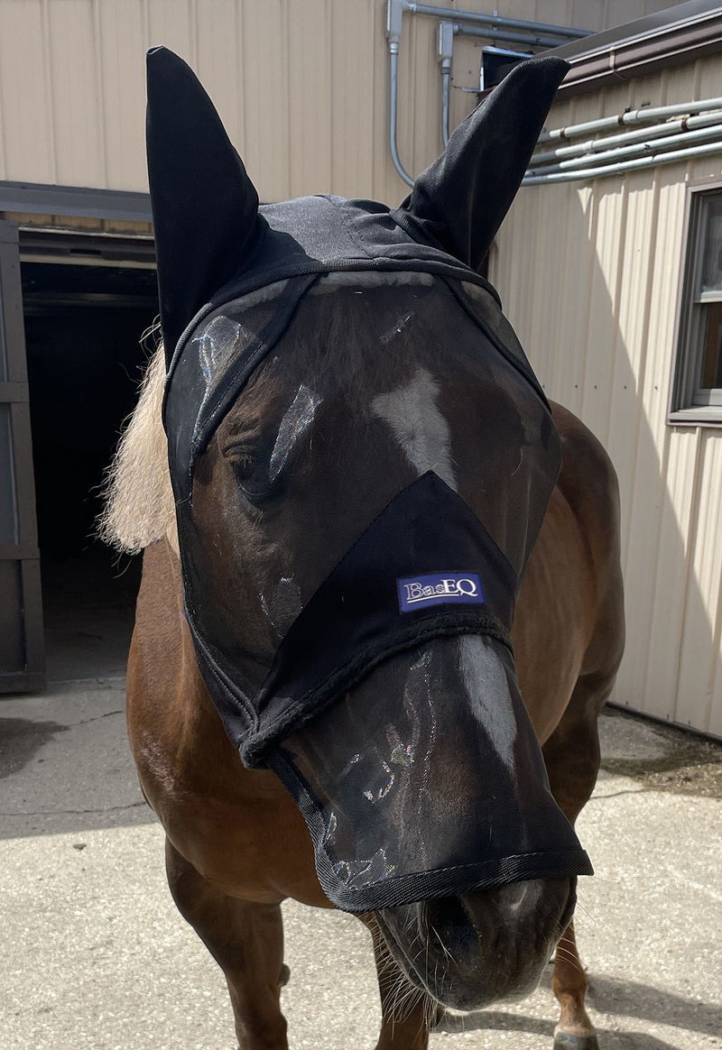 Front view of Black BasEQ Fly Mask with Nose One Stop Equine Shop Pony