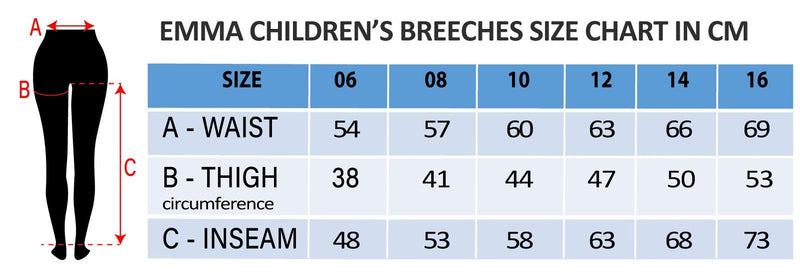 Size Chart for BasEQ Emma Children's Two-Tone Pull Horse Jodhpurs Jodhpurs One Stop Equine Shop