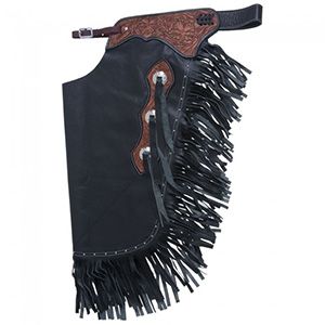 Tough 1 Premium Leather Chinks with Floral Yoke and Double Fringe Western Chaps Tough 1 Black X-Large 
