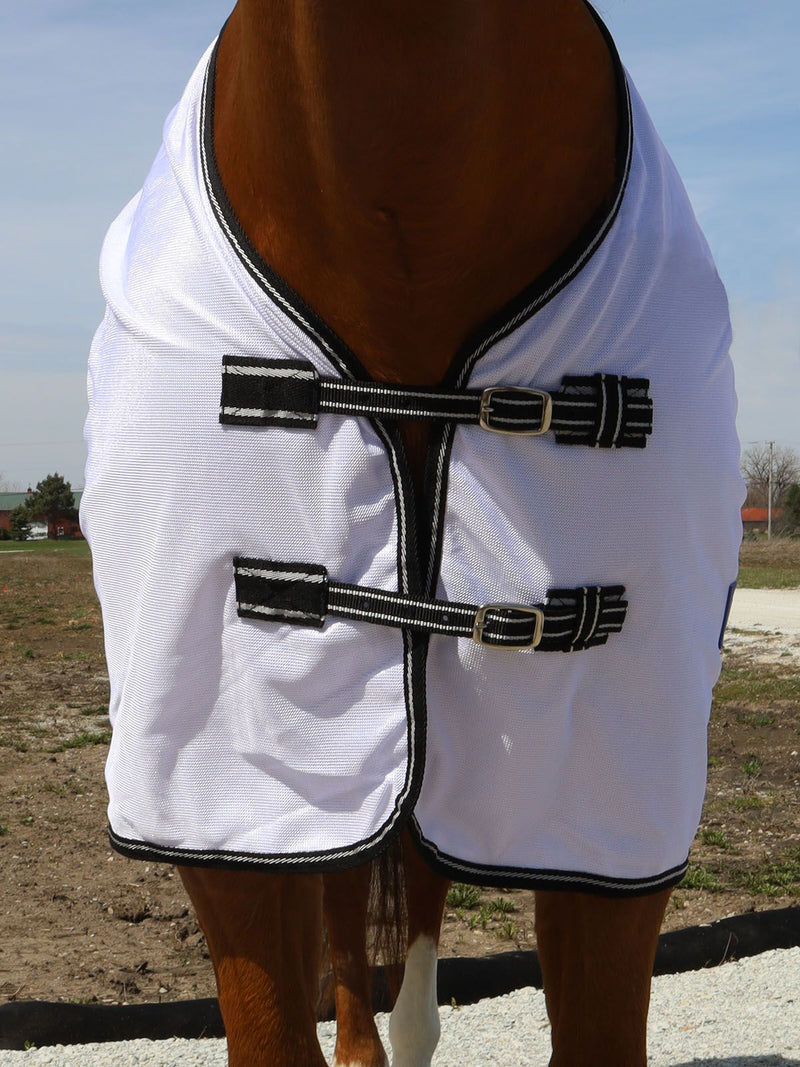 Adjustable closure of White/Black BasEQ Standard Neck Fly Sheet Fly Sheets One Stop Equine Shop