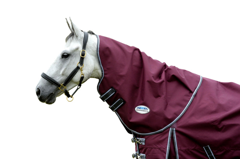 Horse wearing Maroon/Grey/White Weatherbeeta Comfitec Plus Dynamic II Neck Rug Lite Turnout Blankets