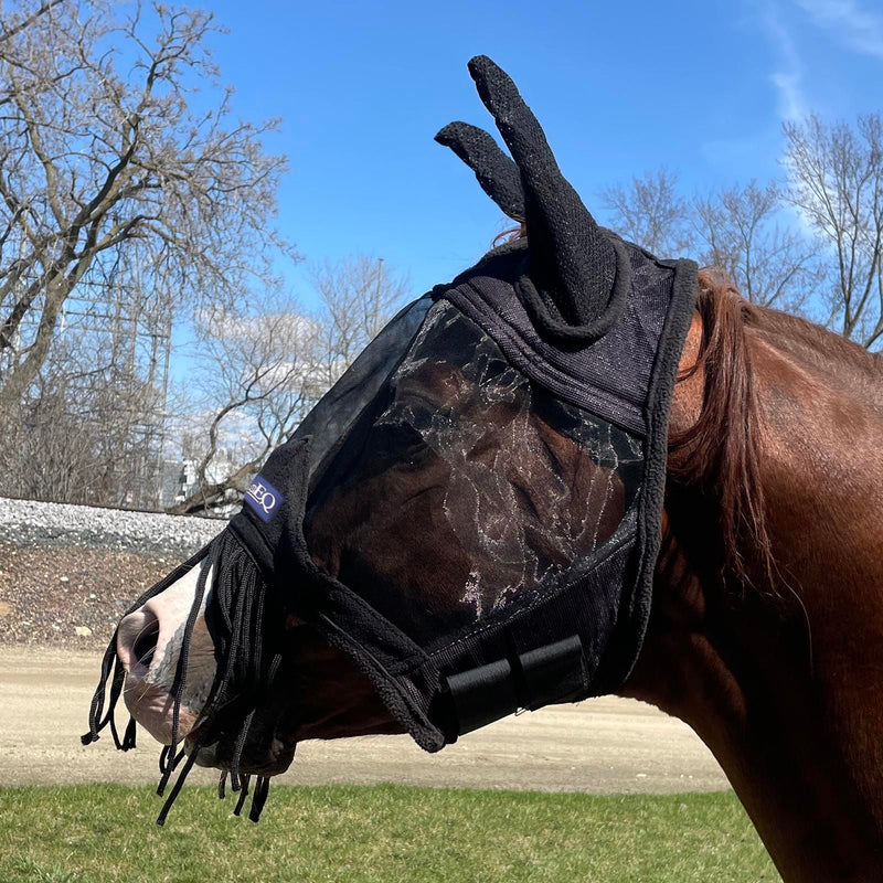 Horse facing left wearing Black BasEQ Fly Mask with Fringe One Stop Equine Shop Pony