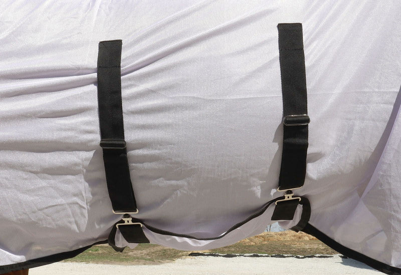 Bottom Straps of White/Black BasEQ Fly Sheet with Belly Closure One Stop Equine Shop 63"