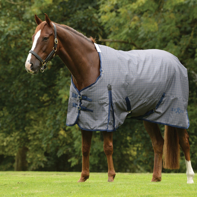 Horse Wearing Grey/Navy Saxon 600D Standard Neck Lite II Turnout Blanket with Gusset Turnout Blankets