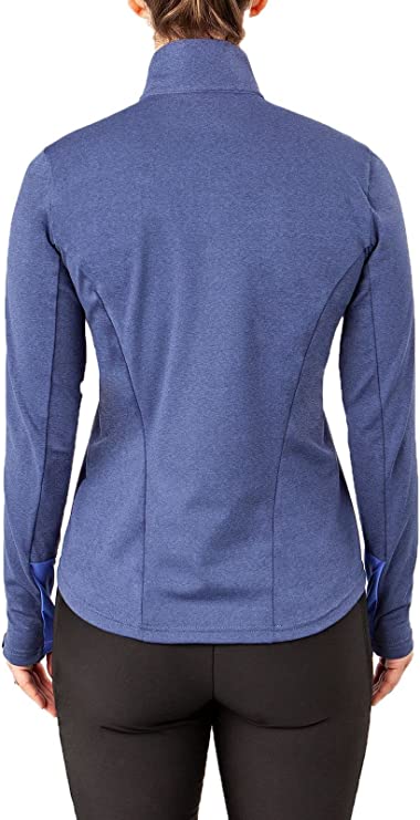 Back view of Denim/Vivid Blue Irideon Radiant Women's Half-Zip Long Sleeve Shirt