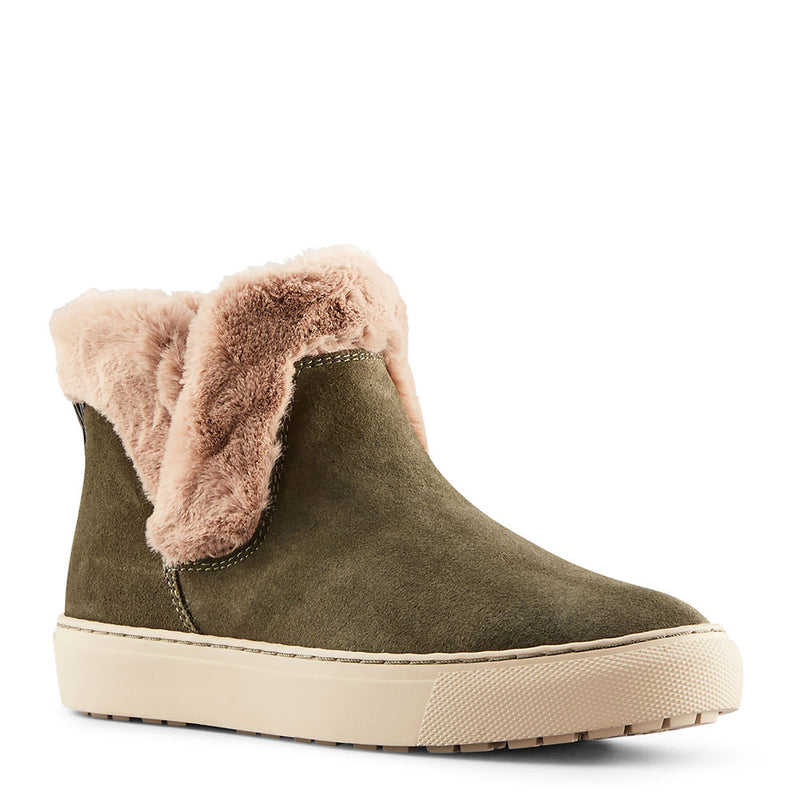 Profile view of Olive Suede Cougar Duffy Women's Waterproof Suede Leather Winter Boots
