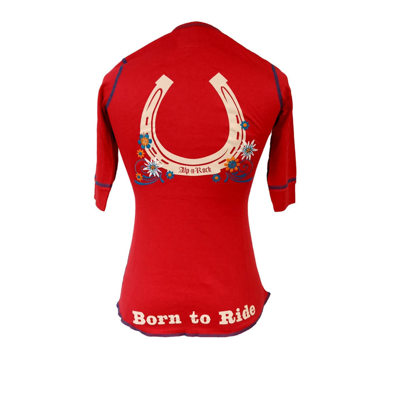 Back side of Alp n Rock Ladies Born To Ride Henley Short Sleeve English Show Shirts Raspberry 5